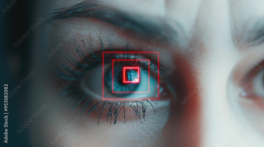 Poster closeup view of digitally enhanced eye with advanced technology system concept illustrating the of i