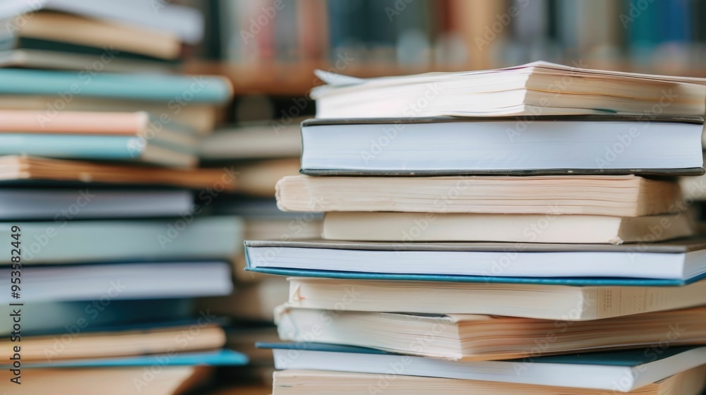 Poster stack of books on a wooden desk suggesting educational and analytical content research or document s