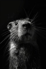 portrait studio photograph of muskrat black and white