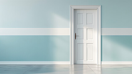 Fototapeta premium White door in a two-toned room with pale blue and white walls, concept of simplicity, interior design, and architecture