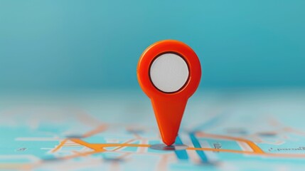 Close up view of a red navigation marker icon on an abstract colorful map background representing the concept of travel direction and