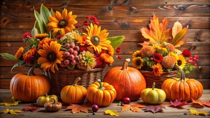 Festive autumn decor featuring pumpkins, flowers, and fall leaves in celebration of Thanksgiving and Halloween, festive