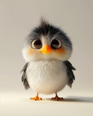 This adorable image depicts a fluffy cartoon-style baby bird with big expressive eyes and soft feathers, standing and looking forward
