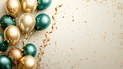 Colorful Green and Gold Balloons with Confetti and Ribbons on Elegant Background