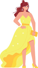 Young woman in evening yellow dress. Posing model