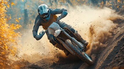 Motocross rider racing on a dirt track with dust and action