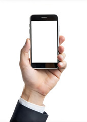 Hand holding mobile phone with blank white background. Blank background for your lettering and advertising
