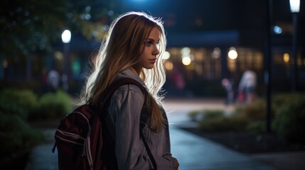 Young woman walking at night in city