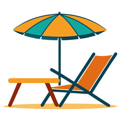 Vector illustration of a beach scene with outdoor chairs, umbrellas, and a bear glass outline, representing summer vacation at a cafe.