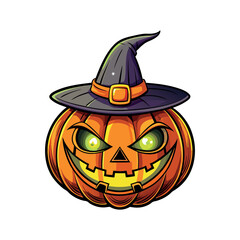 Halloween pumpkin eyes glowing, wearing black witch hat white background