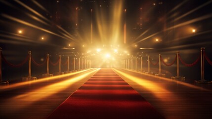 Red carpet entrance with barriers, velvet ropes and lights in the background. Neural network ai generated art