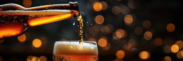 Beer pouring with golden bokeh background
