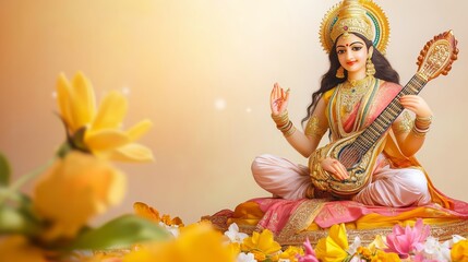 Fototapeta premium Divine Goddess Saraswati Artwork for Vasant Panchami Festival Representing Education Arts Learning and Sacred Hindu Tradition