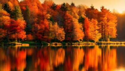Obraz premium Trees reflected in the water in Autumn
