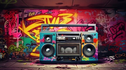 Fototapeta premium Old retro Boombox ghettoblaster with abstract colorful graffiti wall background. Neural network ai generated art