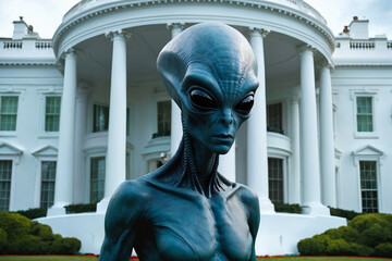 We come not in peace. A hostile alien lifeform roaming freely in the lawn of the White House after an invasion of earth from outer space. Concept on extraterrestrial, government conspiracy and UFOs.