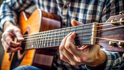 Obraz premium A close-up of a musician's hand pressing a combination of strings on a guitar fretboard, forming a complex