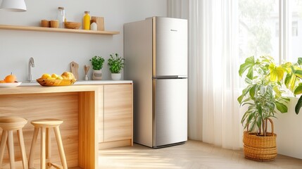 A compact refrigerator in a sleek, modern apartment kitchen