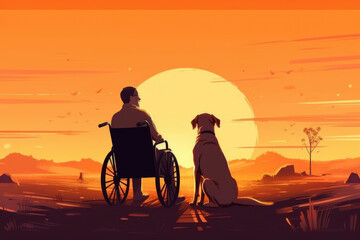 A man in a wheelchair sits beside his dog, both gazing at a vibrant sunset over a serene landscape