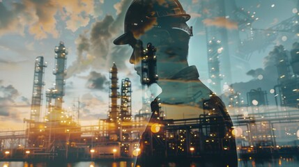 Double Exposure of Industrial Worker and Oil Refinery Plant During Sunset
