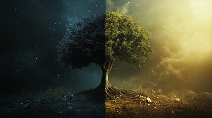 Dramatic tree dividing day and night
