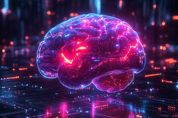 Fototapeta premium Digital AI electronic brain made from metallic with neon light, neural data storage machine, Artificial intelligence neural system, futuristic technology concept