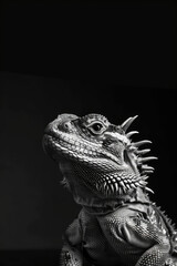 portrait studio photograph of tuatara black and white