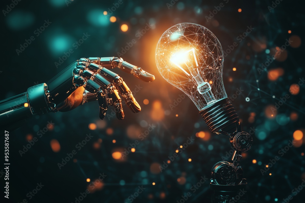 Poster A Futuristic Robot Gently Touching a Bright Bulb, Representing the Fusion of CuttingEdge Technological Advancement and Creative Innovation, Signifying a Bright and Promising Future Ahead