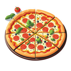 Pizza with tomato, cheese, olive, sausage, onion, basil.