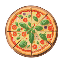 Pizza with tomato, cheese, olive, sausage, onion, basil.