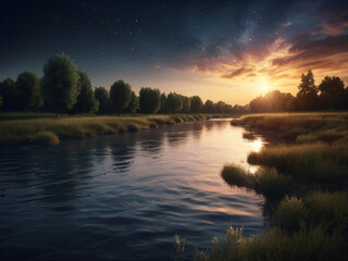 Obraz premium Evening view of a forest lake, scenic sunset water reflections, trees and wetland plants