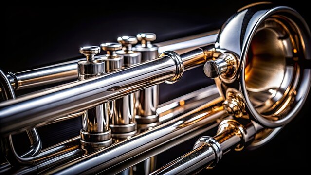 A close-up of a shiny silver trombone's intricate valves and bell, set against a blurred dark background, evoking a sense of jazz and sophisticated music.