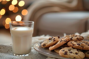 Glass of milk and chocolate chip cookies on a cozy table