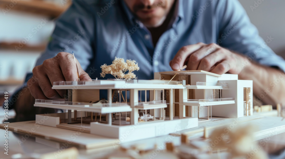Poster a focused architect meticulously assembles a scale model of a contemporary structure with natural el