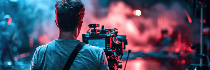 A cinematographer focuses on a vivid performance with colorful lighting and smoke effects while filming in a dynamic studio environment © sommersby