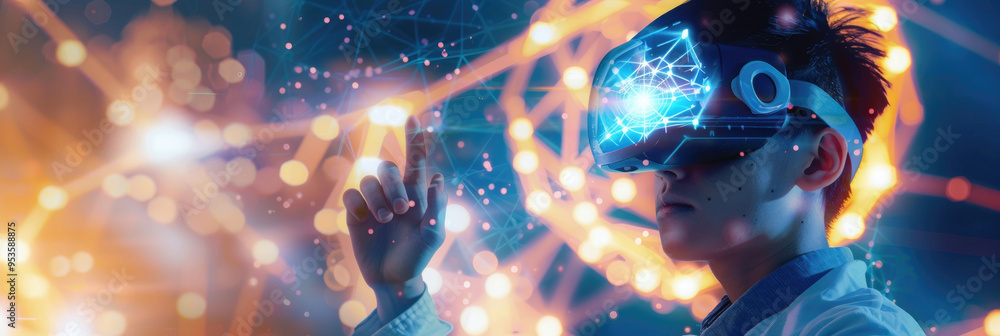 Poster a user immersed in virtual reality explores interactive digital environments with a headset, showcas