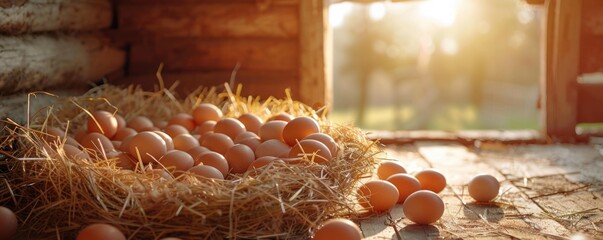 Fresh eggs in a nest at sunset