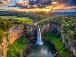 Obraz premium Wallaman Falls in the evening, bird's eye view, majestic waterfall and surrounding landscape