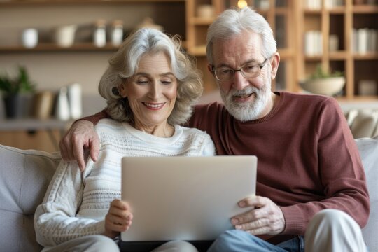 Senior couple using laptop on couch