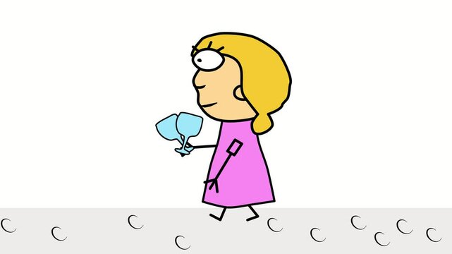 Woman with 2 glasses. Drinks, celebration, wedding, engagement. Cartoon video animation. Background  video 4k looped new