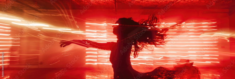 Poster the dancer displays fluid movement in a captivating display of energy, surrounded by glowing red lig