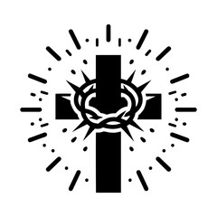 Christian cross with crown of thorns icon. Black silhouette of a Christian cross. Crucifixion of Jesus Christ. Vector illustration