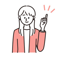 笑顔で指差しポーズをとるスーツの女性