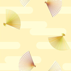 シームレスな和風の壁紙　扇と雲（淡黄）