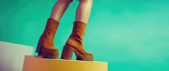 Close-up of female legs in suede boots, high stiletto platform boots, high heels, on a simple pastel background with copy space