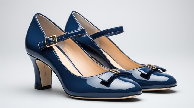 Navy blue pointed toe high heel shoes on white background
