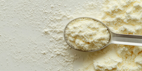 Close-up of texture whey protein powder in a measuring spoon scoop, sports nutrition. Color pastel background with copy space