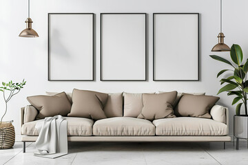 Blank picture frame mockup on white wall. Modern living room design., generative ai image,