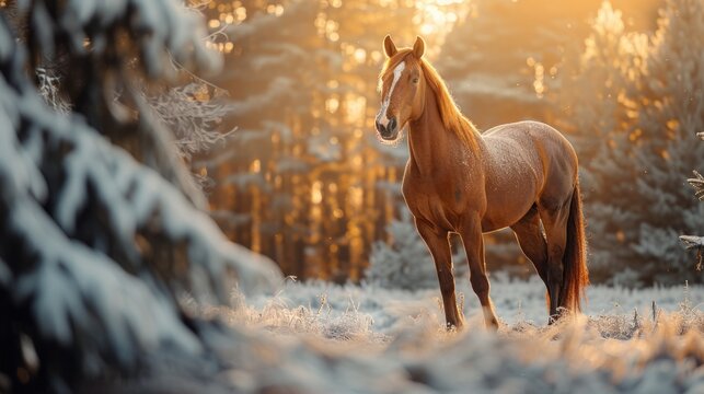 Brown horse standing in snowy forest at sunset - Powered by Adobe