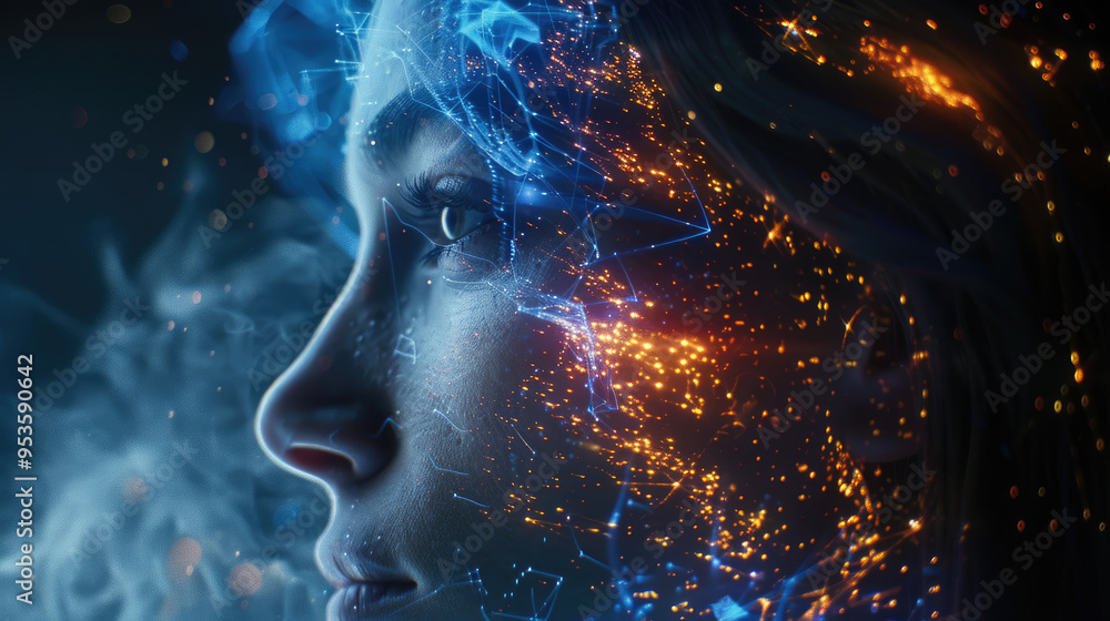 Poster a woman focuses on the universe, surrounded by luminous particles and ethereal patterns symbolizing 